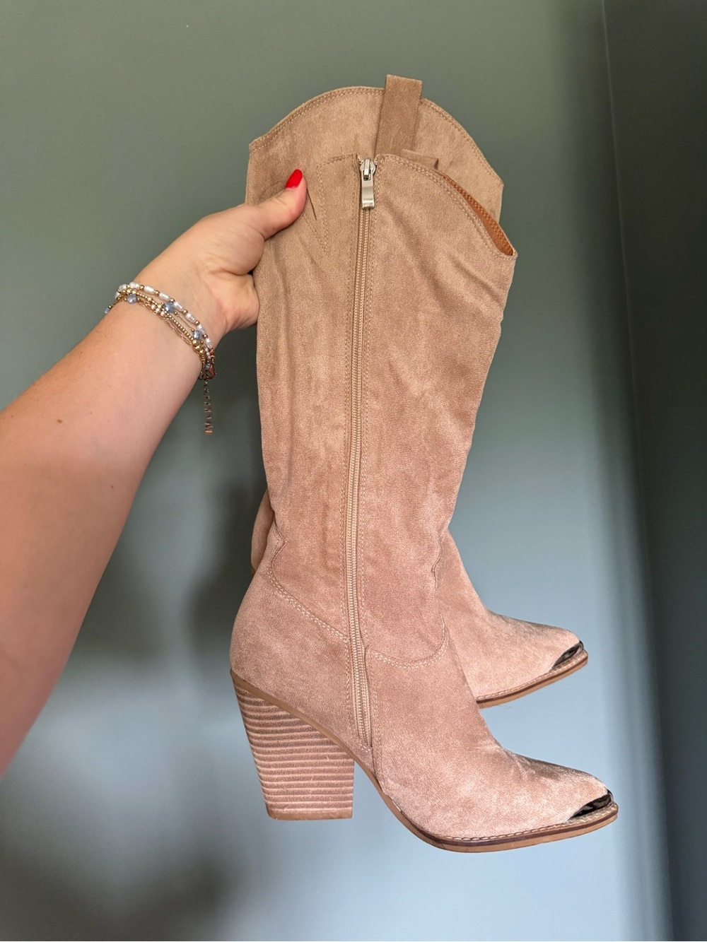 Taupe Suede Mid-Calf Stacked Heel Boots
